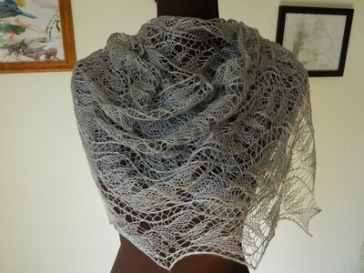 Lace scarf shawl stole wrap hand made knitted gift for women  silk silver grey color - image3
